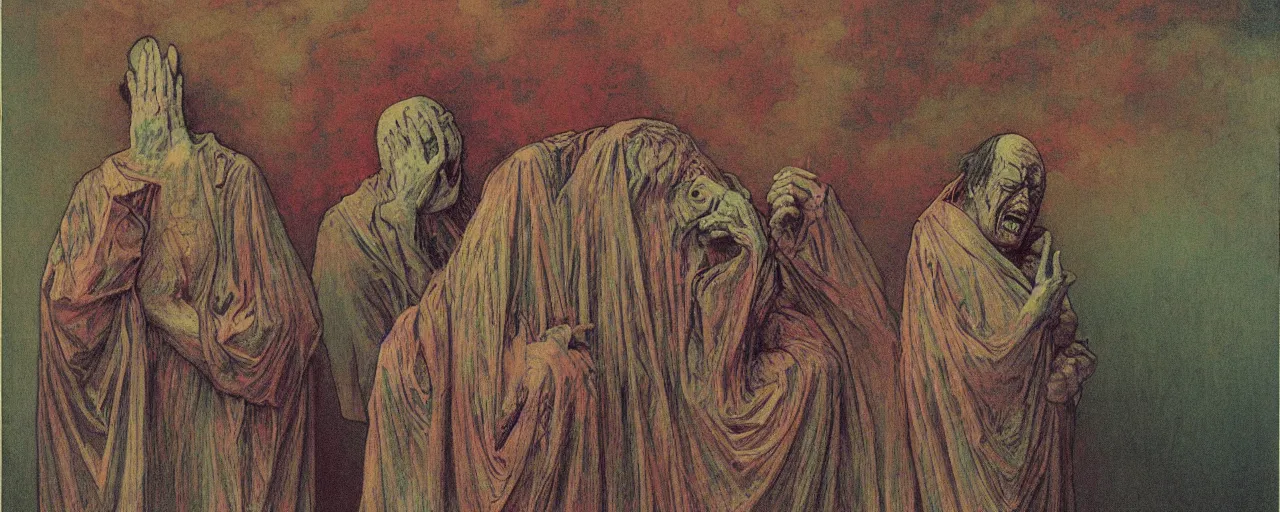 Image similar to vintage brightly color film footage, exaggerated somber exorcism scared priest wide open mouth in terror crying figures inside mental hospital portrait by zdzisław beksinski and gustave dore and alphonse mucha, artstationhq iamag