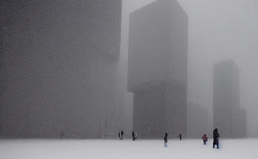 Image similar to snow falling on brutalist high rise buildings, complex ramps, balconies, stairways, white marble statues on pedestals in the background, depth of field, sharp focus, clear focus, beautiful, award winning architecture, le corbusier, frank lloyd wright, snow, fog, mist, hopeful, quiet, calm, serene