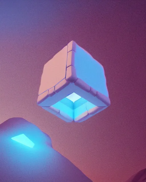 Prompt: a glowing cube in the middle of a mountain, a 3 d render by filip hodas, cgsociety, tesseract, octane render, rendered in cinema 4 d