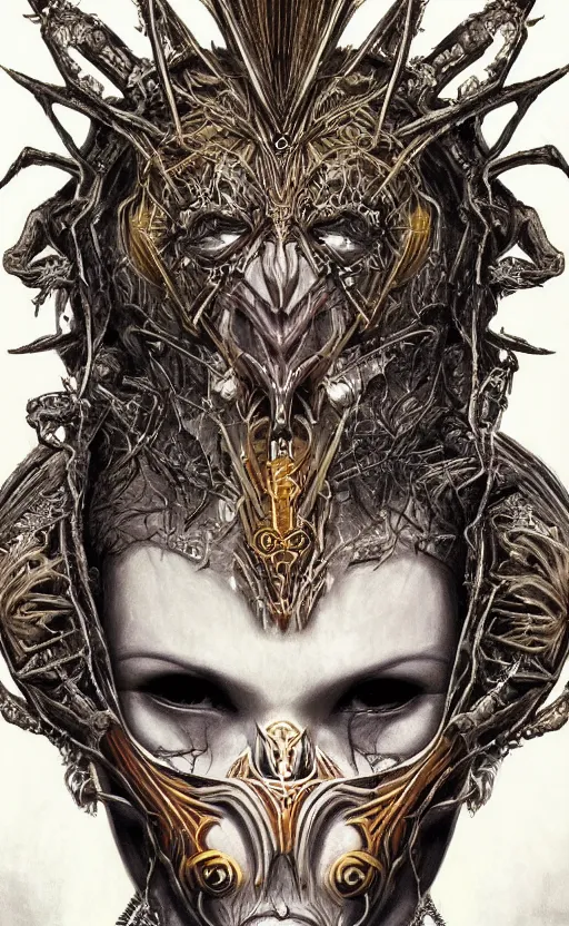 Image similar to Elden Ring themed painting of hybrid majestic aztec warrior fantasy biomechanical human beautiful immortal angel symmetrical face angry mask closeup face breathing mask tattoo pattern golden ratio concept, deep forest psytrance Neo-Gothic concept, infinity glyph waves, intricate artwork masterpiece, very coherent artwork, cinematic, full frontal facial features by Artgerm, Takato Yamamoto, Zdizslaw Beksinski, Johnatan Wayshak, Moebius, Ayami Kojima, very coherent artwork, trending on cgsociety, ultra high quality model, production quality cinema model, high detail chromatic ink outline, octane render, unreal engine 8k, hyper realism, high detail, octane render, unreal engine, 8k, High contrast