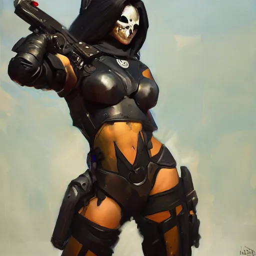 Prompt: greg manchess portrait painting of armored lady death as overwatch character, medium shot, asymmetrical, profile picture, organic painting, sunny day, matte painting, bold shapes, hard edges, street art, trending on artstation, by huang guangjian and gil elvgren and sachin teng