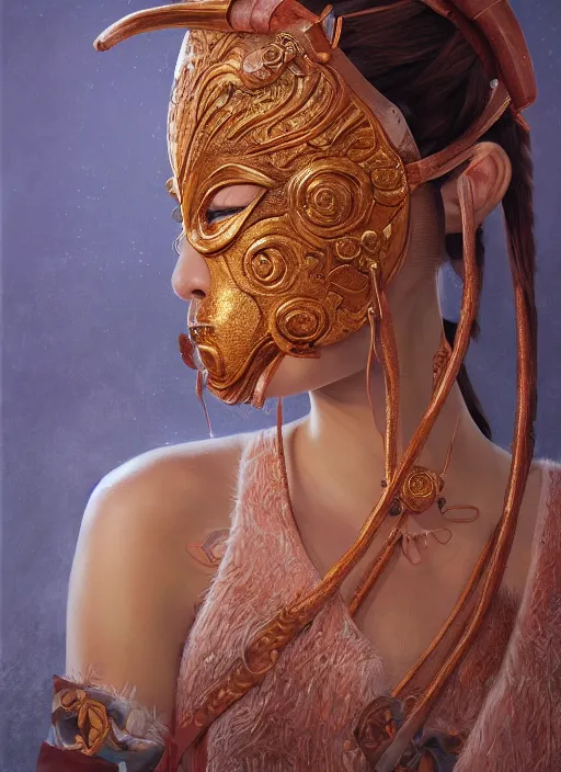 Image similar to a beautiful detailed oil on copper art illustration of a japanese shityome mask woman, the mask is broken, centered, by charlie bowater, zeng fanzh, trending on artstation, dim dusk lighting, cinematic lighting, detailed lighting, volumetric lighting, realistic, f 8, 4 k hd wallpaper