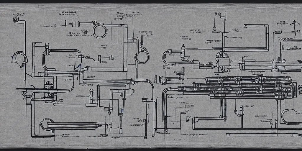 Image similar to mechanical diagram of an electronic trumpet made of silver, bone, pvc and miscellany