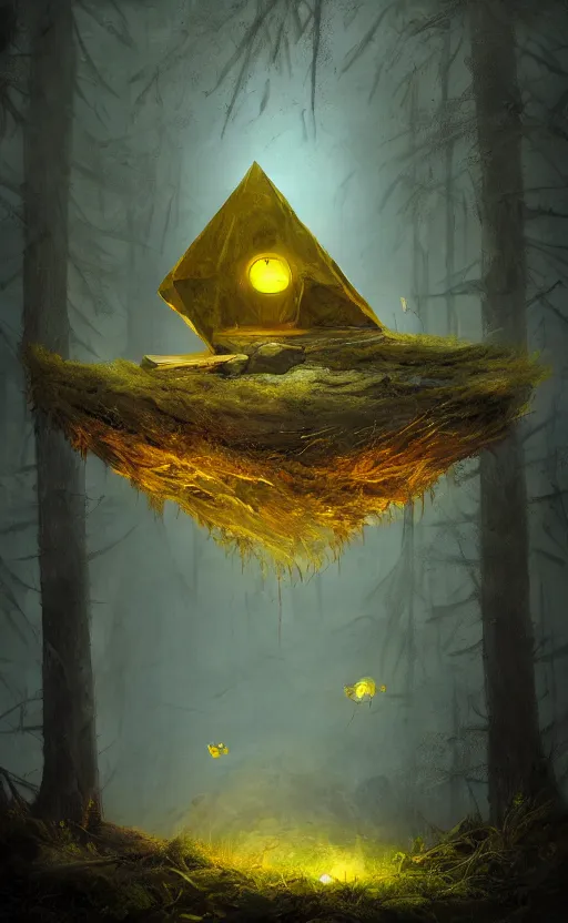 Image similar to dark fantasy photorealistic concept art of bill cipher floating in the middle of a forest with glowing yellow eyes, and pebbles floating in the air, gloomy seen, dynamic lighting, ambient lighting, atmospherical, stunning visuals, creative, cinematic, ultra detailed, trending on art station