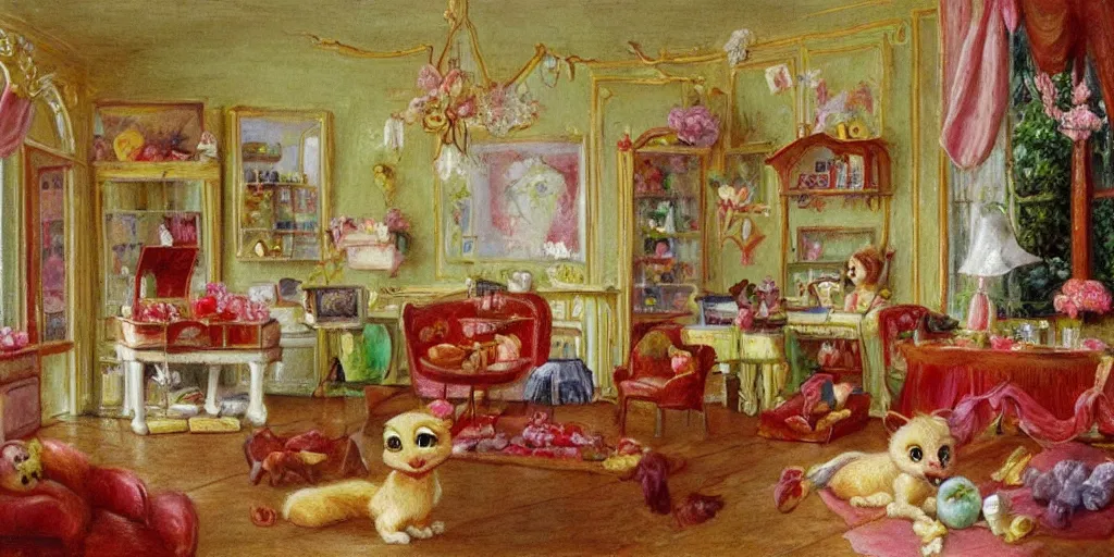 Image similar to 3 d littlest pet shop animal, sitting on pillows, fruit, decadence, parlor, sitting room, czech republic perfume bottles, delectable delights, sugar, powdered sugar, pastels, dream, master painter and art style of noel coypel, art of emile eisman - semenowsky, art of edouard bisson