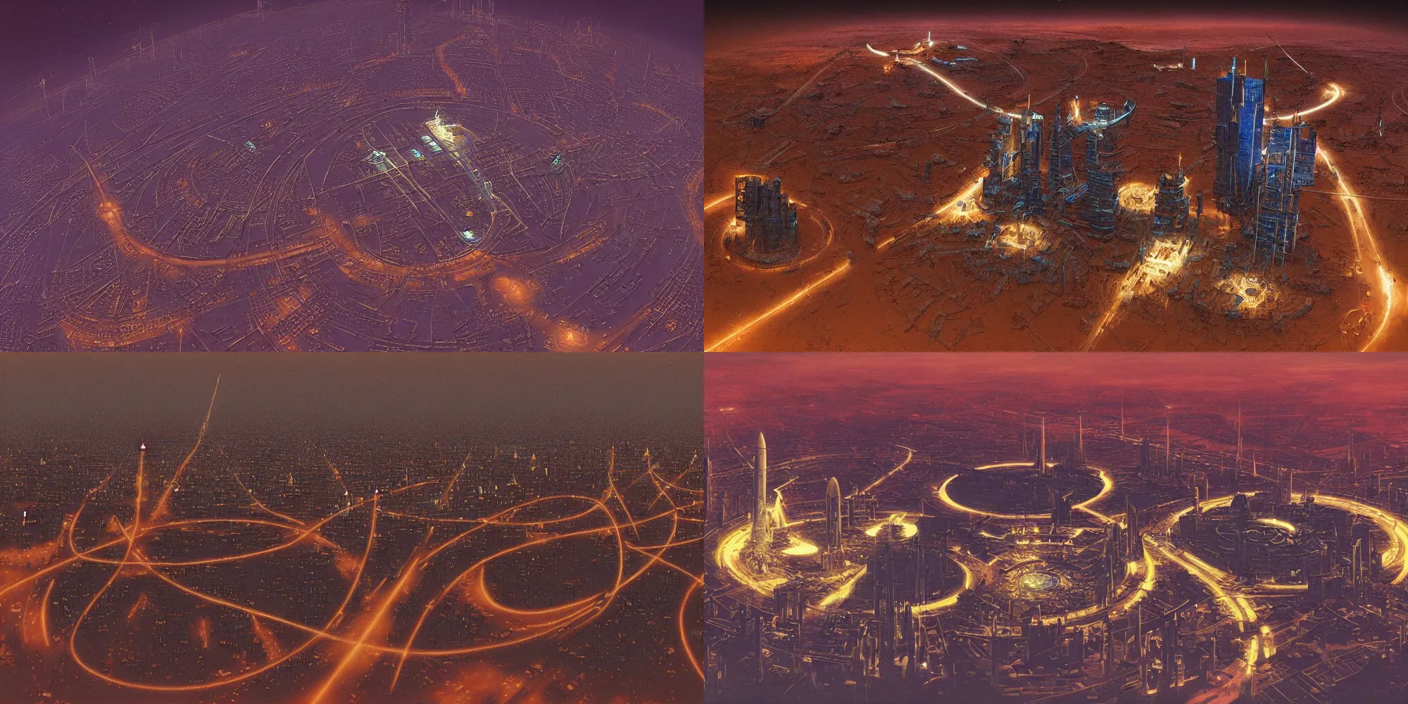 Prompt: Tilt shift photography of the first city on Mars at night. Various rocket trails can be seen as well as highways and giant buildings and arcologies. In the sky a space ring can be seen. Intricate details. Award winning masterpiece of Vincent Di Fate and John Berkey