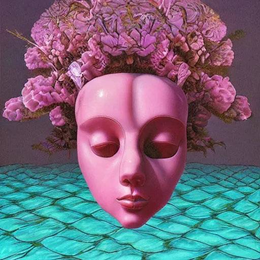 Image similar to award winning masterpiece with incredible details, a surreal vaporwave vaporwave vaporwave vaporwave vaporwave painting by MC Escher of an old pink mannequin head with flowers growing out, sinking underwater, highly detailed