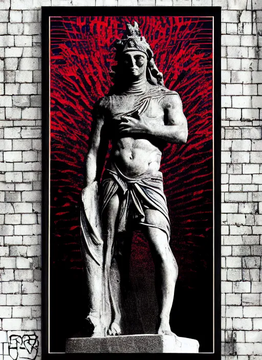 Image similar to elegant dark design poster showing a greco roman statue, black background with very subtle red and purple design elements, powerful, nekro, vito acconci, thin straight lines, dark, glitch art, neo vaporwave, gritty, layout frame, square, extremly detailed, trending on artstation