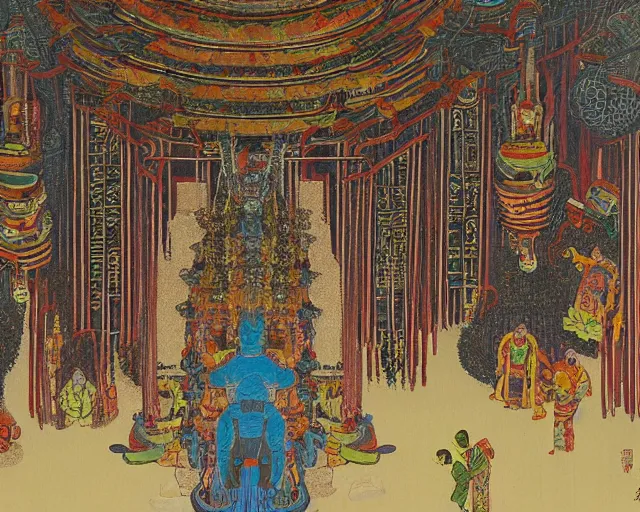 Image similar to Strange beings gathering inside the temple. Yves Tangyu.