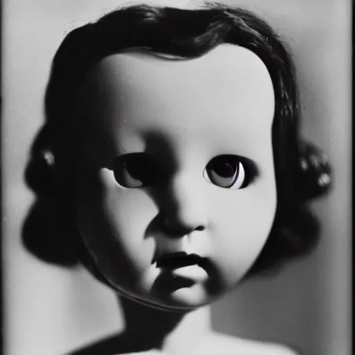 Image similar to a close - up, black and white studio photographic portrait of a doll with a broken face, dramatic backlighting, 1 9 4 0 photo from life magazine