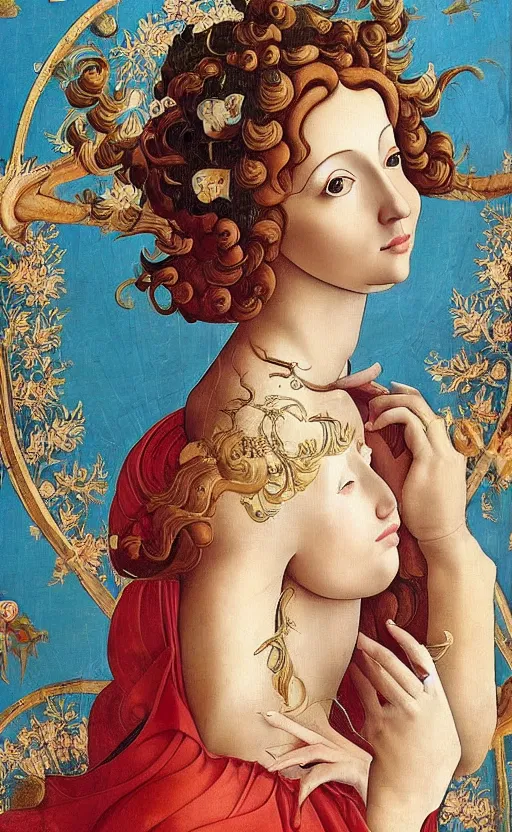 Image similar to beautifully painted mural, beautiful young synnth muse in ornate royal garment, transparent linen fabric, space opera, beautiful ornaments, highly detailed, glowing eyes, sci fi setting, vogue cover poses, fashion magazine, mural in the style of sandro botticelli, caravaggio, albrecth durer