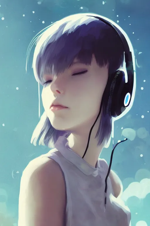 Image similar to a cute young woman listening to music with her eyes closed and wearing headphones, white bob cut hair, freckles, dark thunderclouds in the backround, blue and white, vivid colors, soft lighting, cinematic, moody, nier automata, poster, oil on canvas, in the style of Ilya Kuvshinov8k