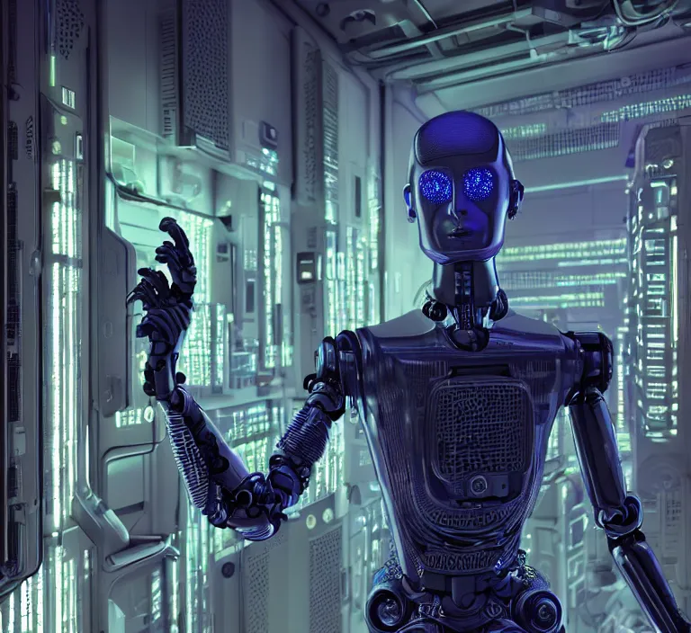 Image similar to hyperrealism stock photo of highly detailed stylish humanoid robot in sci - fi cyberpunk style by gragory crewdson and vincent di fate with many details by josan gonzalez working in the highly detailed data center by mike winkelmann and laurie greasley hyperrealism photo on dsmc 3 system rendered in blender and octane render