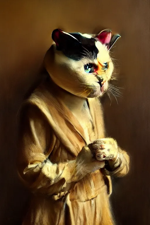 Image similar to a portrait of a cat dressed as a cook, high detail, cleary see face, by gaston bussiere, bayard wu, greg rutkowski, odd nerdrum, maxim verehin, dan dos santos, masterpiece, sharp focus, cinematic lightning