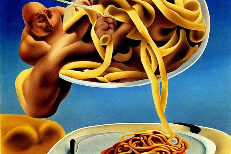 Image similar to olympic diver diving into a dish of pasta, detailed surrealist painting by salvador dali