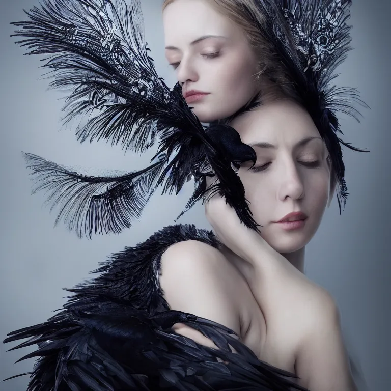 Image similar to hight focus of a wonderful realistic focused sweet wonderful symmetrical mid portrait of a lonely woman with a detailed dress made of a realistic black raven plumes, dramatic light, octane render - 8 k