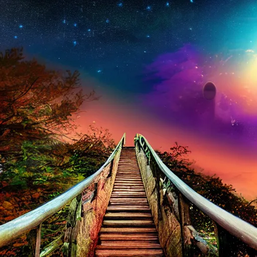 Image similar to a stairway of cosmic water flowing, fantasy, dusk, starry sky, hd, fantasy, 4 k