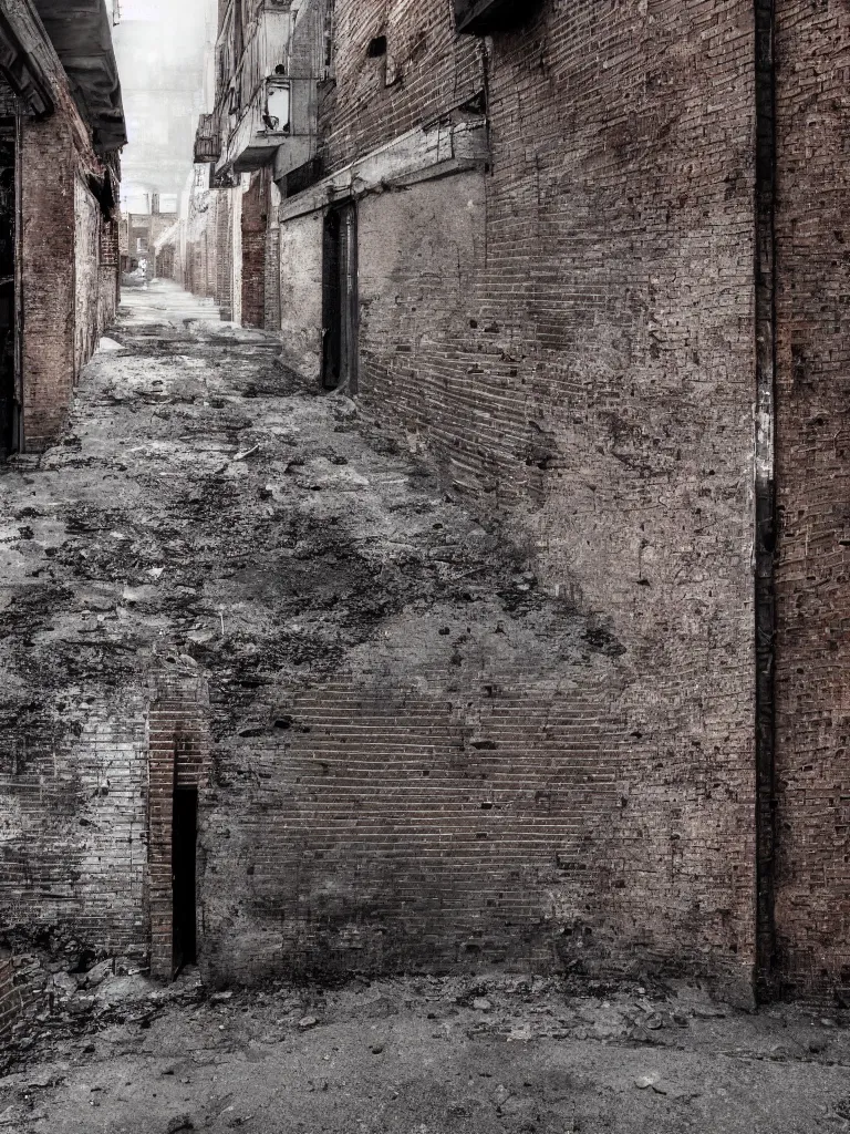 Image similar to photograph of a grunge dirty alley, bullet holes, wall brick concrete plaster eroded worn, riddled with bullet holes, dark dramatic lighting, hyper-realistic, ultra-realistic, intricate details, 4k, unreal 5, digital art