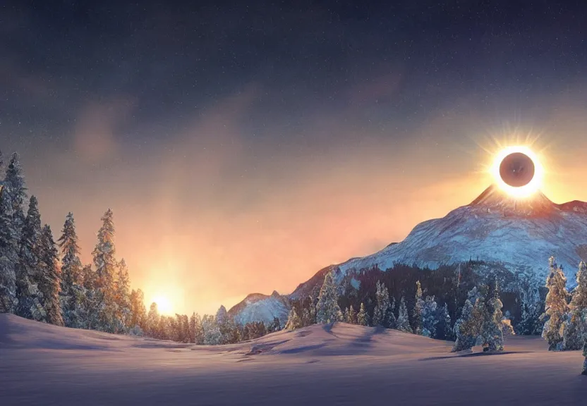 Image similar to fully photorealistic hdr eclipse at sunrise on snowy aurora mountaintop, distant glowing figures, masterpiece composition, art by john collier, albert aublet, artem demura, alphonse mucha, sharper luminescent focus, nd 6, hdr, movie still, cinematic diffuse lighting, artstation, textless, sharp focus