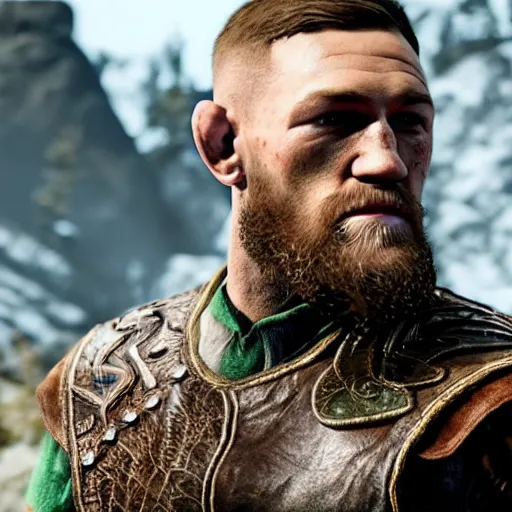 Prompt: character screenshot of conor mcgregor in skyrim, elf armor, ps 3 graphics, npc talking, wilderness, 1 0 8 0 p, bokeh, elder scrolls v, detailed, dialog text