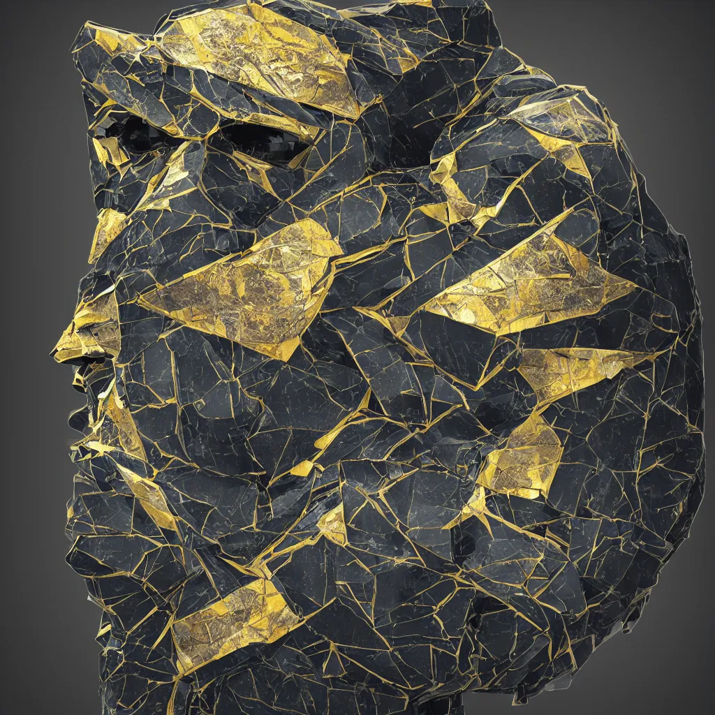 Image similar to symmetrical painting of a fractured obsidian greek statue of an owl fixed with kintsugi, rendered in octane trending on cgsociety, masterpiece