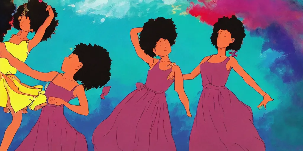 Prompt: colourful, beautiful black girls dancing ,in the style of studio Ghibli,