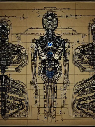 Image similar to schematic blueprint of highly detailed ornate filigreed convoluted ornamented elaborate cybernetic medical equipment, art by da vinci