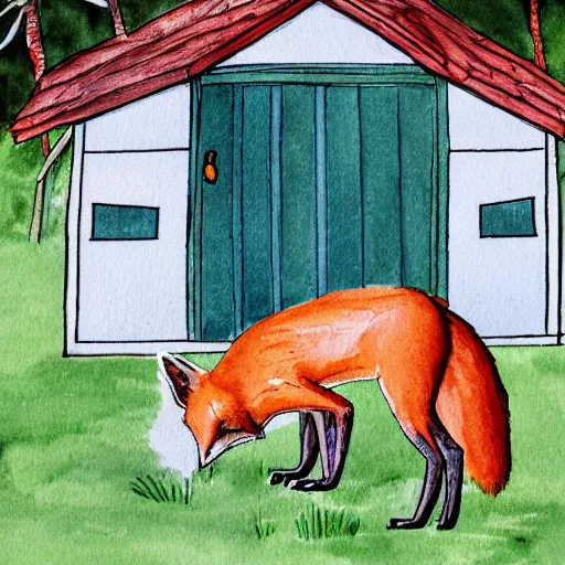 Prompt: a red fox dancing with a white chicken in front of a hen house, watercolor illustration,