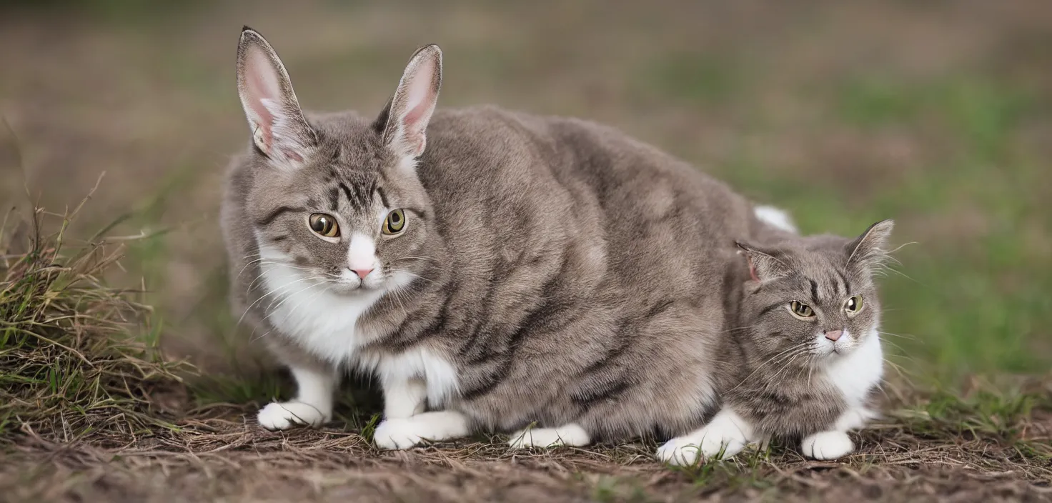 Prompt: cat - rabbit hybrid, a cross between a cat and a rabbit, cute, photograph 3 5 mm, f 2. 0, amazing lighting