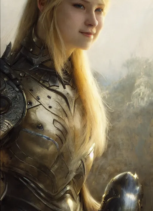 Image similar to smiling young blonde woman wearing a simple black armour, by gaston bussiere, bayard wu, greg rutkowski, giger, maxim verehin, greg rutkowski, masterpiece, sharp focus, cinematic lightning