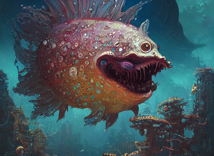 Prompt: dramatic art - portrait of a chaos fish from underground hallow terraria, exotic fish, by wlop, james jean, victo ngai! muted colors, very detailed, art fantasy by craig mullins, thomas kinkade