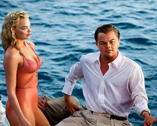 Image similar to leonardo dicaprio as the wolf of wall street next to margot robbie as naomi from the wolf of wall street on a fishing boat, hyper realistic faces, beautiful eyes, cinematic, long shot, hyper detailed, 8 5 mm photograph, 8 k resolution, film still, sharp lens, wide lens