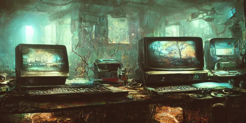 Image similar to A realistic painting of a vintage computer, with psychedelic mushroom art on the screen, in a post apocalyptic setting, unreal 5, DAZ, hyperrealistic, octane render, RPG portrait, dynamic lighting,