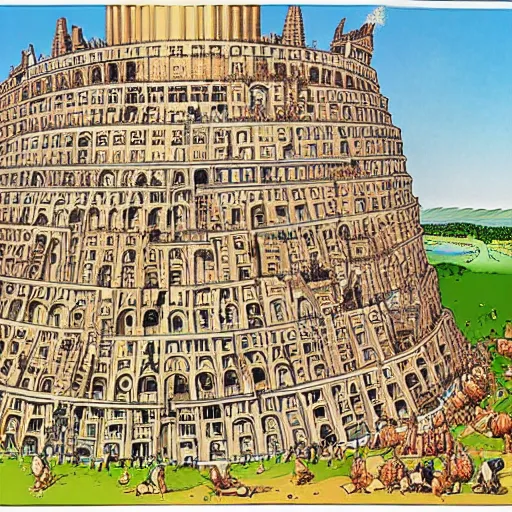 Prompt: the tower of babel, cartoon scene, by sergio aragones
