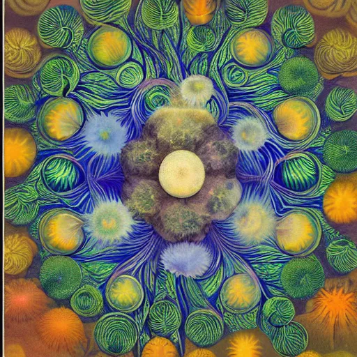 Prompt: a painting of a sea anemone surrounded by other sea anemones, a microscopic photo by Ernst Haeckel, behance contest winner, generative art, bioluminescence, artwork, academic art