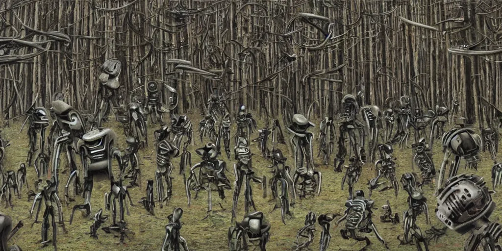 Prompt: 100000 robots fighting in forest H.R. Giger, seamless