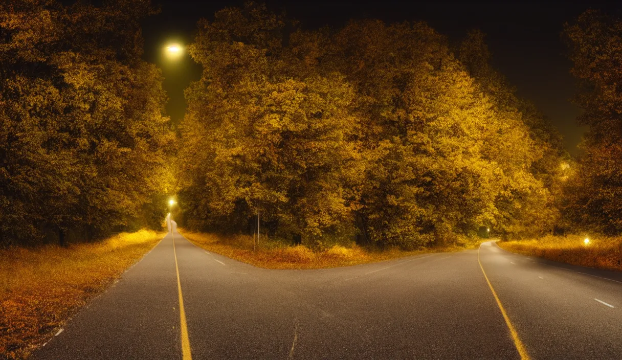 Image similar to at night, a large road extends into the distance, the leaves on both sides of the road are yellowed by the street lights, tranquility, film texture, super fine, 8 k