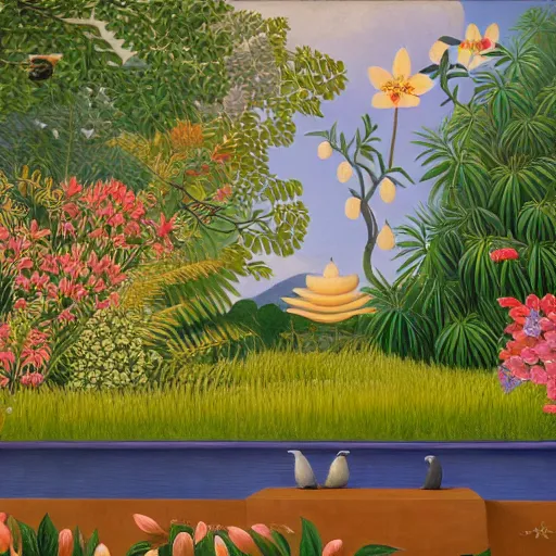 Prompt: hd photo of a fresco in naive art style by henri rousseau with birds and flowers and lotuses, highly detailed, unreal engine, photorealism