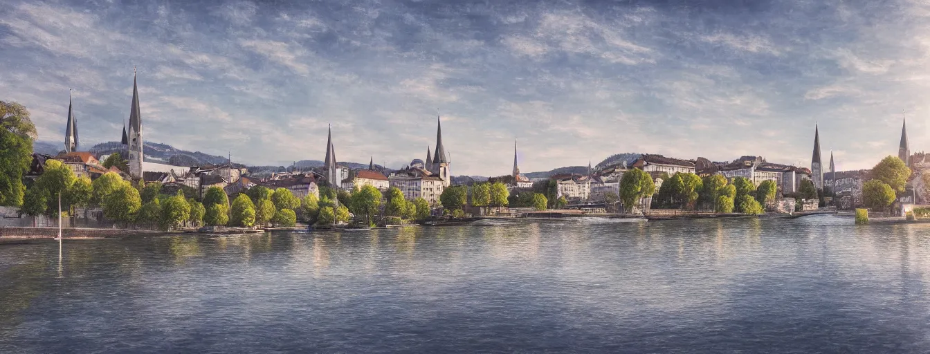 Image similar to Digital painting of Zurich, Limmat and the lake, wide angle, volumetric light, hyperdetailed, Alsp in the background, artstation, cgsociety, 8k