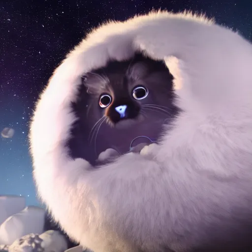 Prompt: furry fluffy ball floating in space, closeup, highly detailed, unreal engine