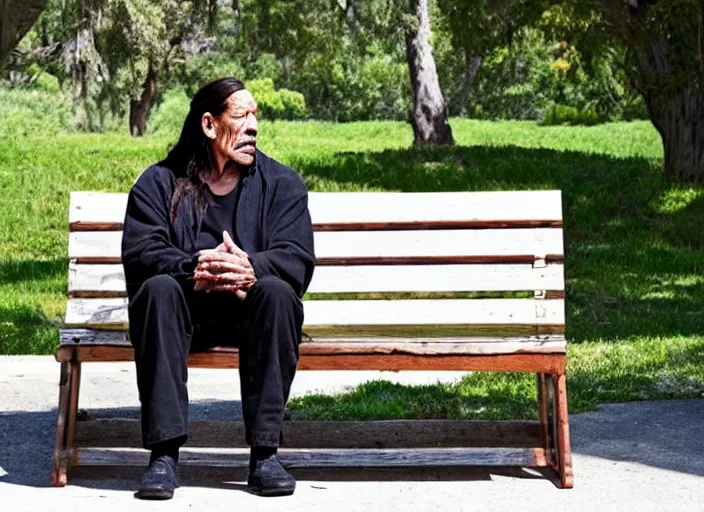 Prompt: photo of sad danny trejo sitting on a park bench crying, 8 k, sunny day