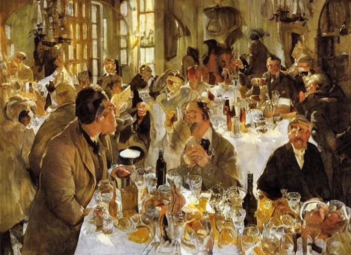 Image similar to men having dinner, singing, roaring twenties, cellar, masterpiece, torches on wall, meat, wine, schnapps, smoking cigars, scantily clad blondes, oil painting by anders zorn and carl larsson, art nouveau