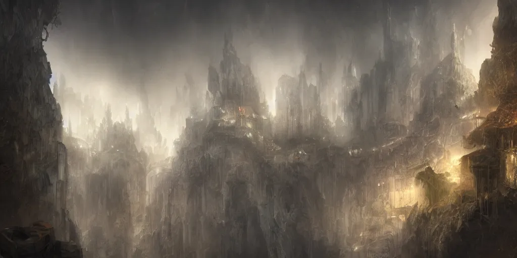 Image similar to a fantasy city built within a vast cave, illustration, raining, dark and moody lighting, digital art, fantasy, 8 k, trending on artstation, detailed