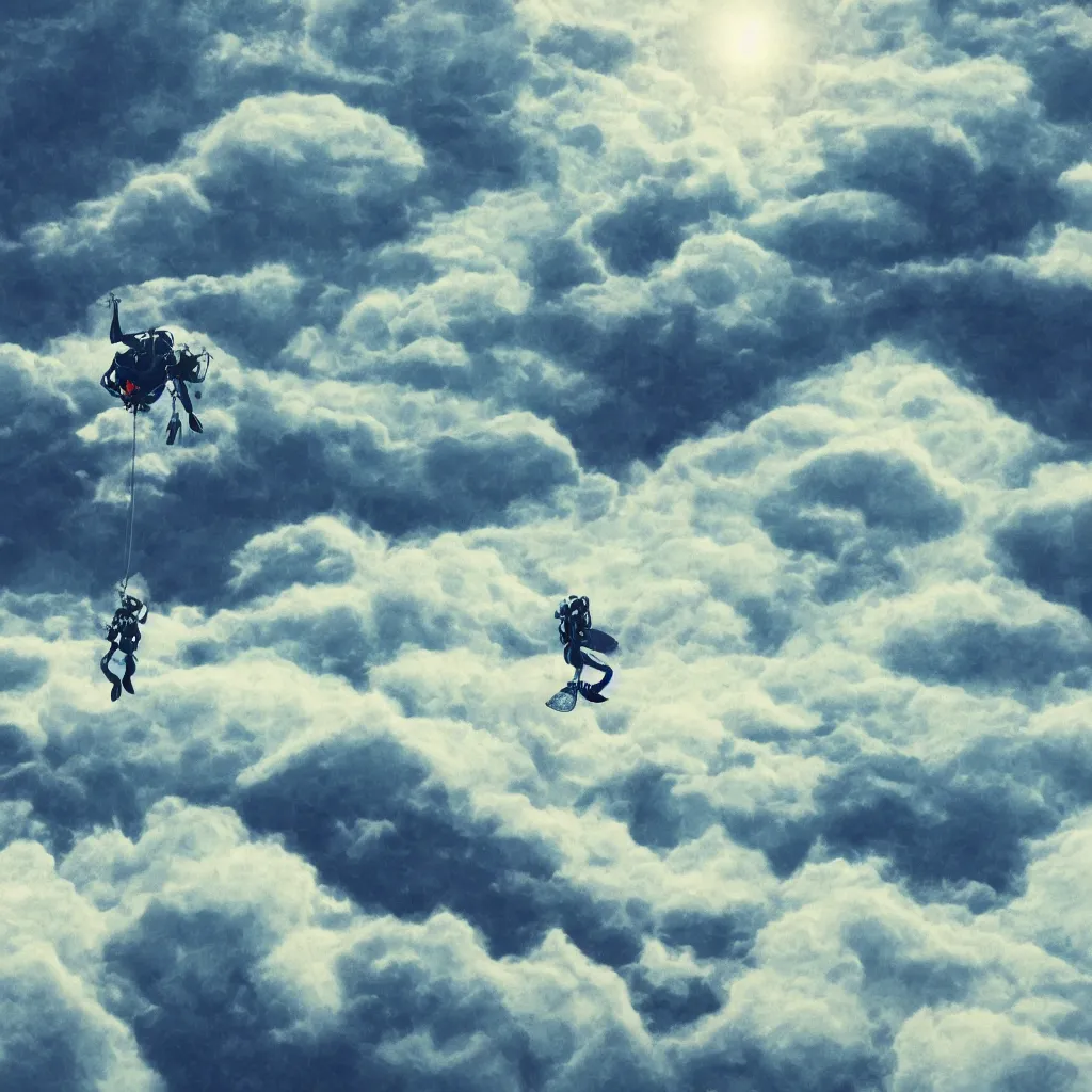 Image similar to a scubadiver floating above the clouds, closeup, digital illustration