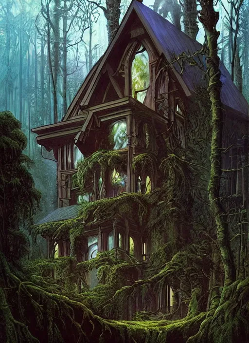 Image similar to hyper realistic witchy modern gothic house with mood lighting and tech in the woods gorgeous lighting, sunbeams blue sky, highly detailed, lush forest foliage painting by zdzisław beksinski and norman rockwell and greg rutkowski weta studio, and lucasfilm