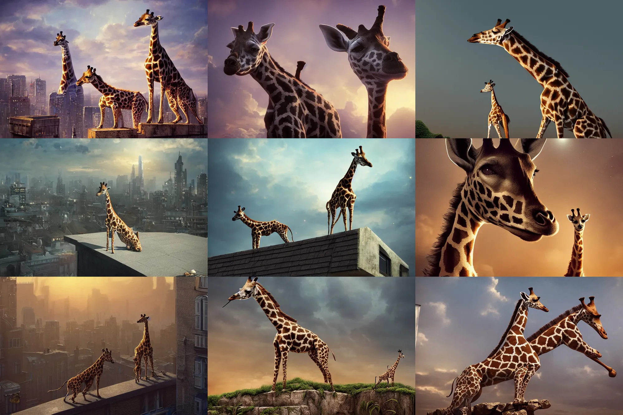 Prompt: a dog standing on the rooftop, the dog looks like giraffe, giraffe head and giraffe body, fantasy, intricate, epic lighting, cinematic composition, hyper realistic, 8 k resolution, unreal engine 5, by artgerm, tooth wu, dan mumford, beeple, wlop, rossdraws, james jean, andrei riabovitchev, marc simonetti, artstation