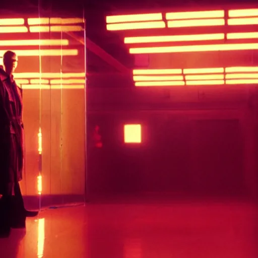 Image similar to cinematic portrait of a runaway replicant with tribal facepaint and a red translucent plastic raincoat in an empty room, still from the movie bladerunner, fashion photography, a neon sign is in the background