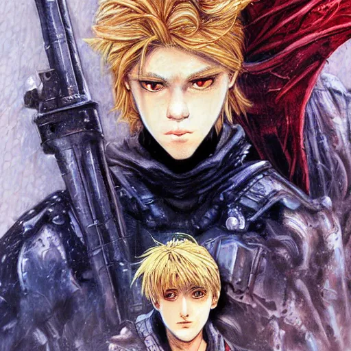 Image similar to an epic fantasy comic book style portrait painting of a young blonde boy thief in the style of yoshitaka amano