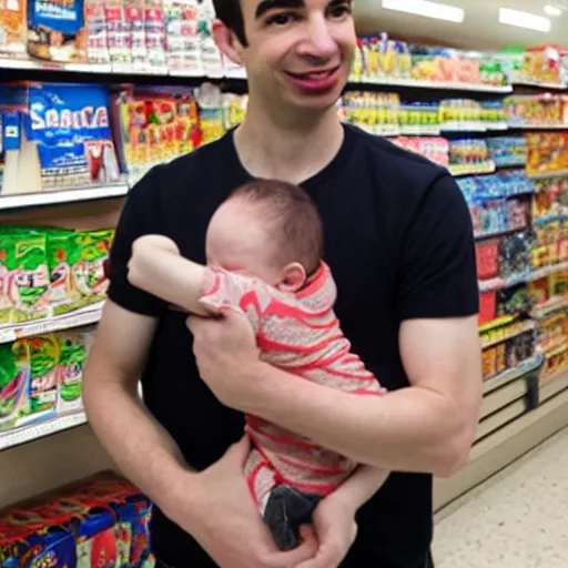 Image similar to Nathan fielder holding a baby in a 7 eleven,