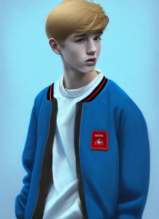 Image similar to portrait of a teenage boy named moose mason, blonde short hair, jock, beefy, square jaw, square facial structure, 1 9 5 0 s, blue varsity jacket, intricate, elegant, glowing lights, highly detailed, digital painting, artstation, concept art, smooth, sharp focus, illustration, art by wlop, mars ravelo and greg rutkowski